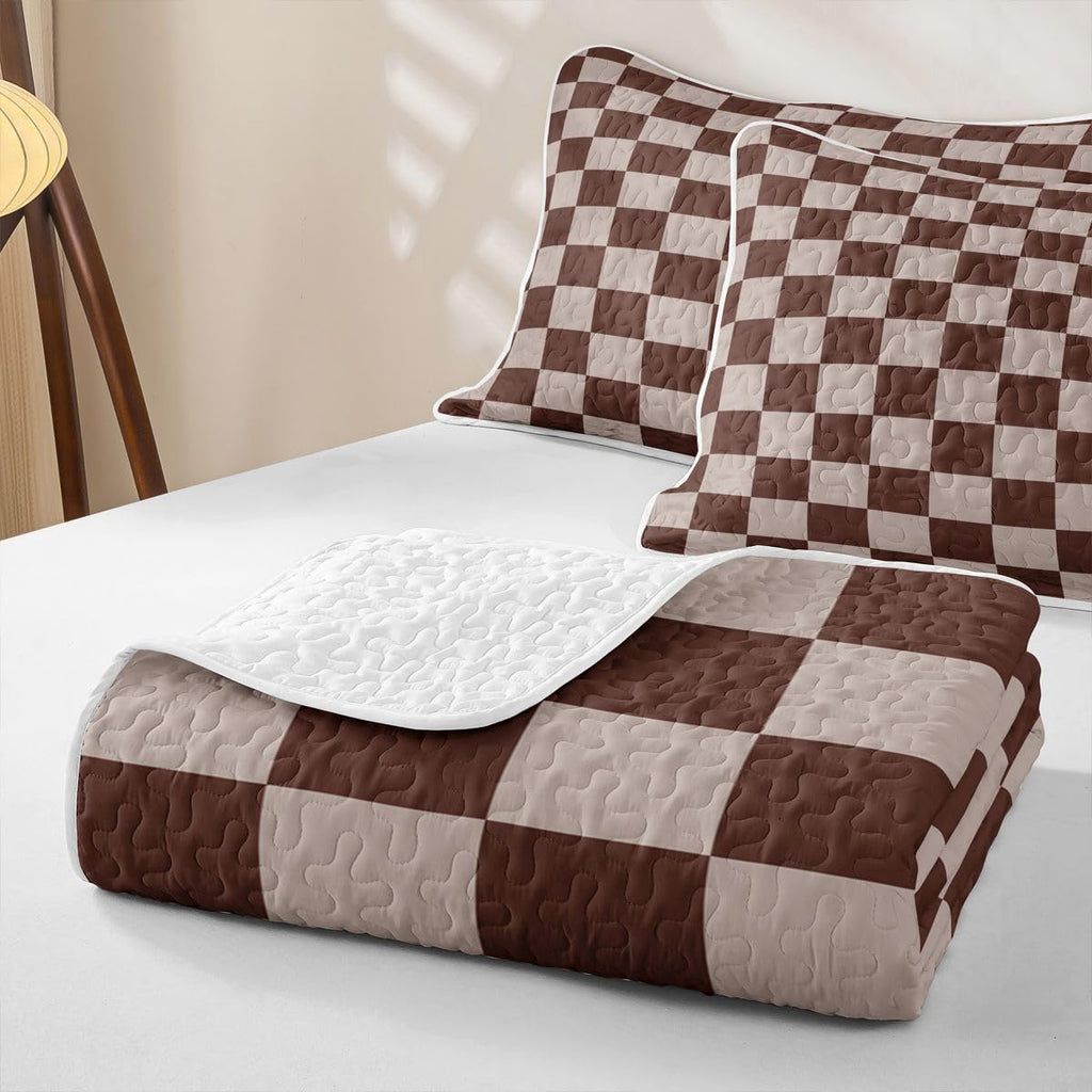 Brown Khaki Plaid Quilted Bedspread Set, Gingham Microfiber Lightweight, Retro Neutral Checkerboard Geometric