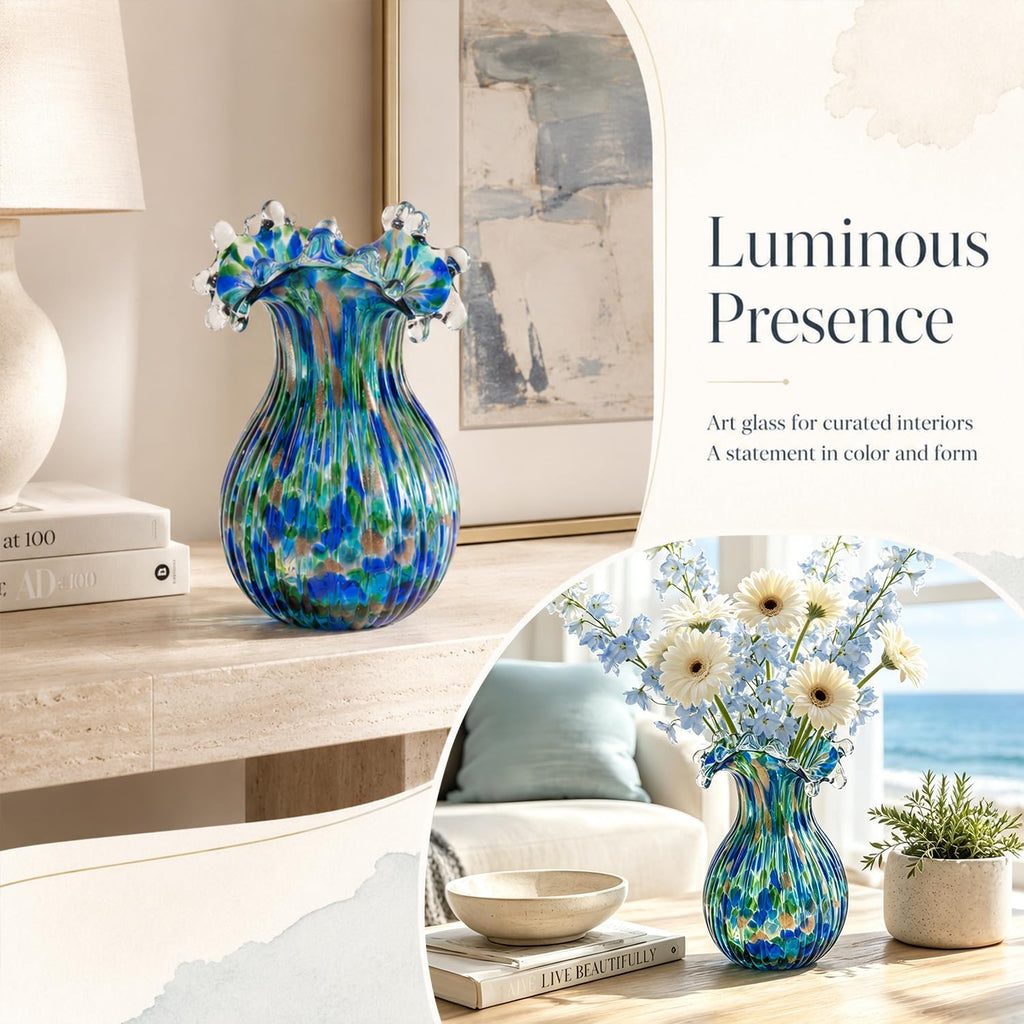 Hand Blown Glass Vase for Flowers, 9 Inch Blue Green Flower Vase