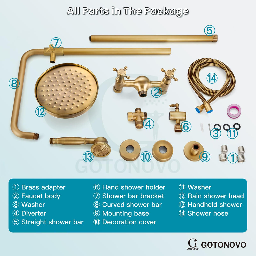 Exposed Shower System Wall Mount,Antique Brass,Metal Handheld