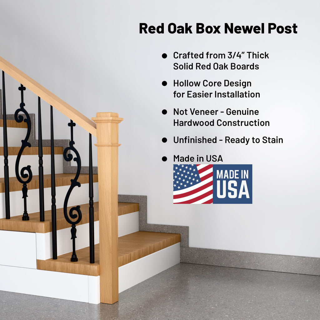 Red Oak Box Newel Post 3.5" x 58", Hollow Box Newel Wood Balusters for Staircase Interior, Square Design, 3⁄4" Thick