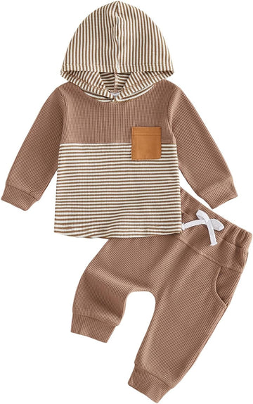 Toddler Baby Boy Fall Outfit Set Contrast Color Stripe Long Sleeve Hoodie Hooded Jogger Pants Infant Waffle Clothes
