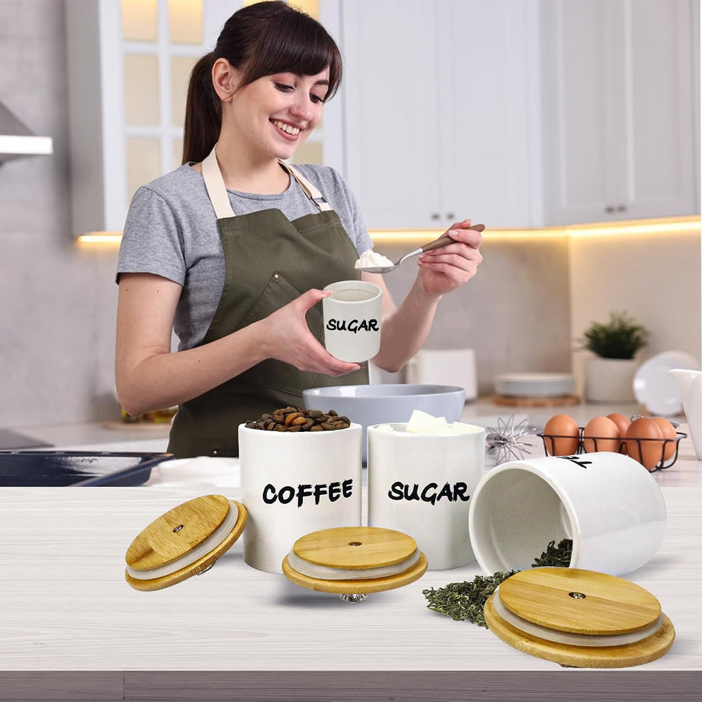 Coffee Tea Sugar Container,Farmhouse Storage Containers Jars,Airtight Ceramic Kitchen Canister Set - Set of 3