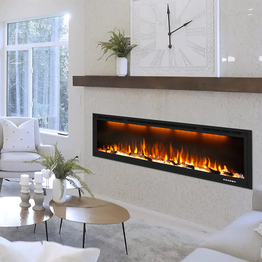 74 inch Electric Fireplace, Smart Fireplace Insert recessed in Wall and Wall Mounted fire Place Heater with Metal