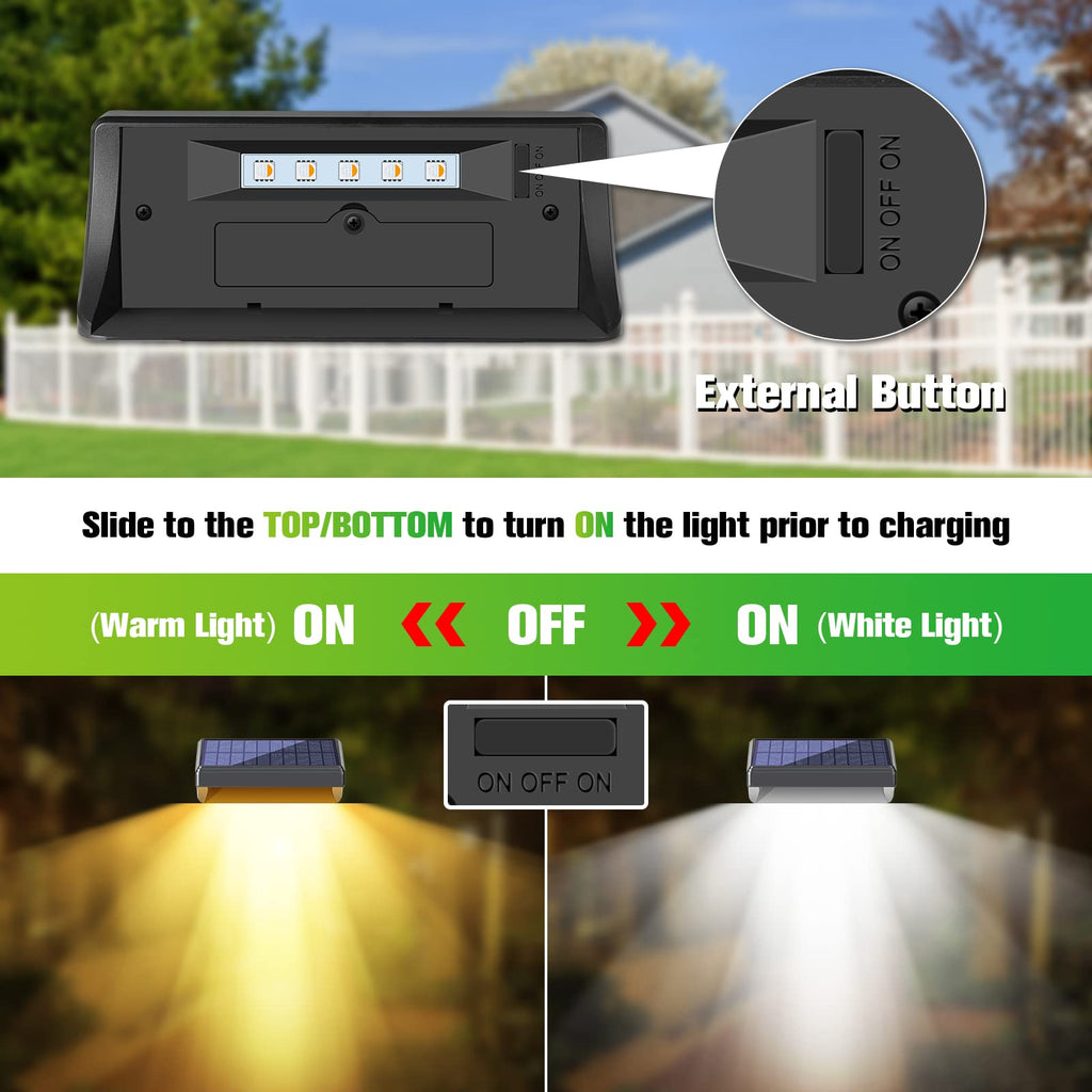 Solar Fence Lights - Outdoor Waterproof Warm White & Daylight White LED Solar Lights for Backyard, Deck, Stair