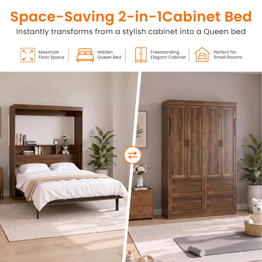 Electric Vertical Full Murphy Bed with Storage Shelf-Brown