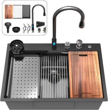 33inch Waterfall Kitchen Sink Drop In Metal Black - 33x22x10 with Faucet Combo Double Step Workstation 16 Gauge