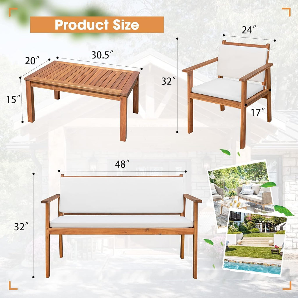 Patio Furniture 4 Piece Acacia Wood Outdoor Conversation Sofa Set with Table & Cushions Porch Chairs for Garden, Deck