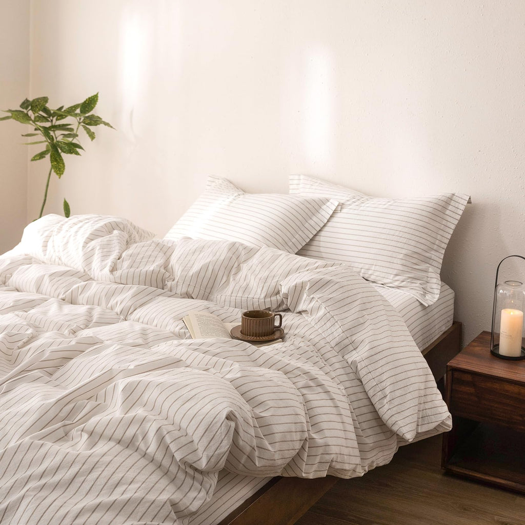 3Pcs Off White & Linen Grey Striped Duvet Cover Set