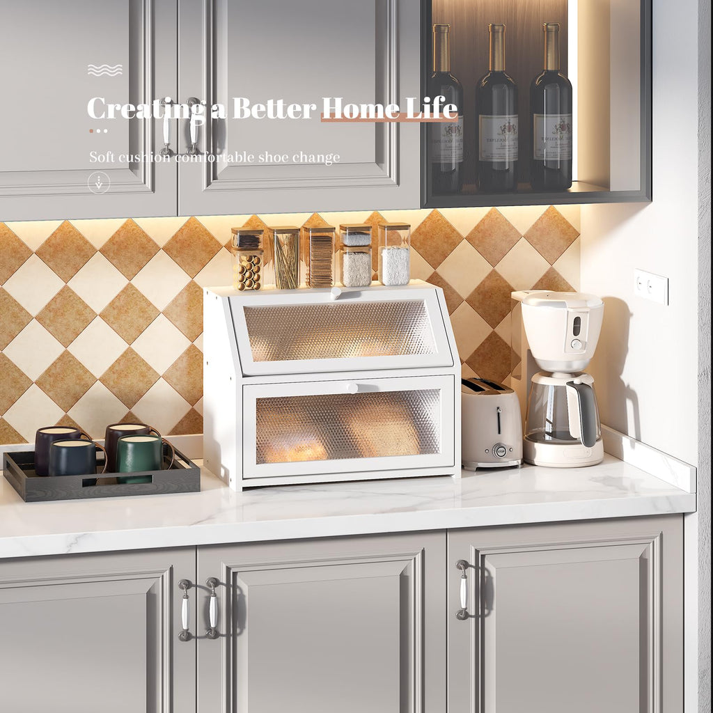 Bread Box - Countertop Bin Double Layer Storage Container Extra Large Capacity Farmhouse with Diamond Pattern Windows (White