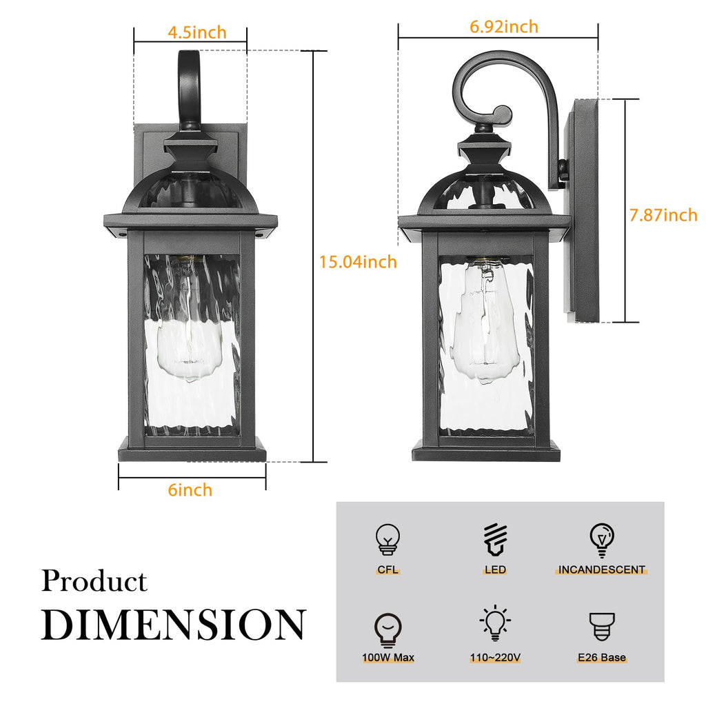 Outdoor Porch Lights Fixture Wall Mount, Exterior Wall Light with Water Ripple Glass Waterproof Black Outside Wall