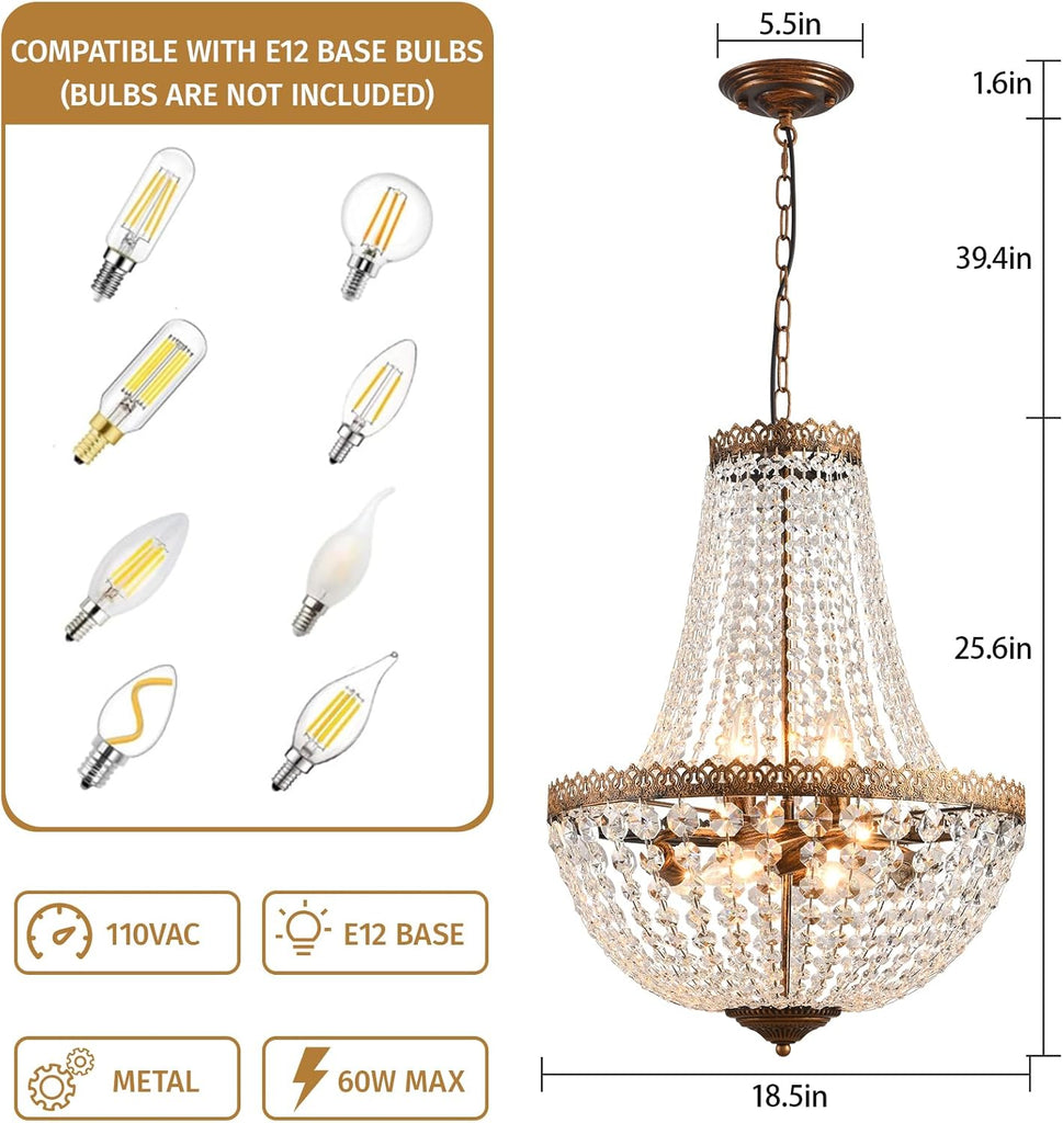 6 Lights French Empire Crystal Chandelier Farmhouse Pendant Lighting, Antique Bronze Ceiling Light Fixture for Dining Room Bedroom Foyer Living Room, W18.5 x H25.6 A108-B0CQK2T7M2
