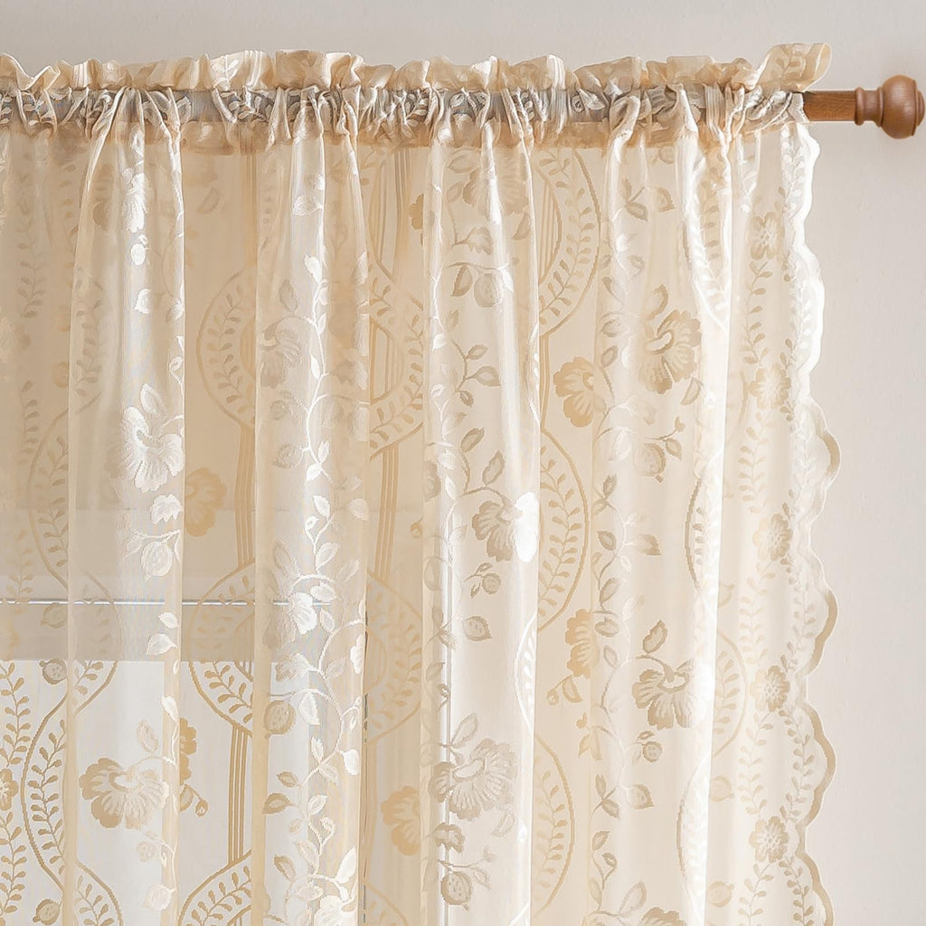 Beige Lace Curtains 84 Inches Long 2 Panels Vintage Floral Pattern