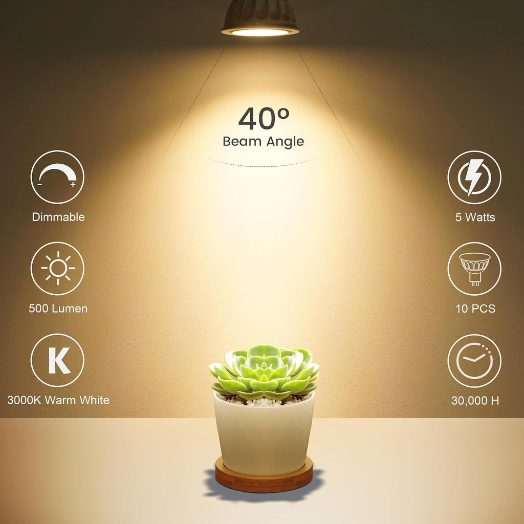6 Pack Dimmable MR16 LED Bulbs, 12V 5W(50-Watt Equivalent), 3000K Warm White, GU5.3 Bi-Pin Base, 40-Degree, Indoor