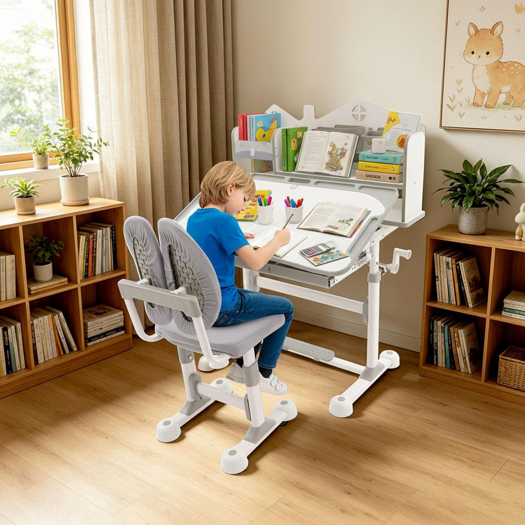 31.5'' Adjustable Kids Desk with Tilting Desktop & Bookshelf Hutch(Pink)