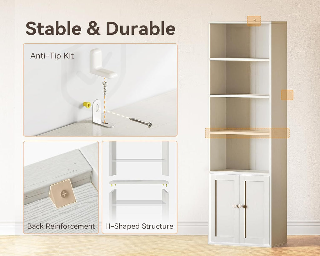 Bookshelf and Bookcase with Doors, Floor Standing 6-Tier Shelf Display Storage Shelves, Tall Bookcases, White