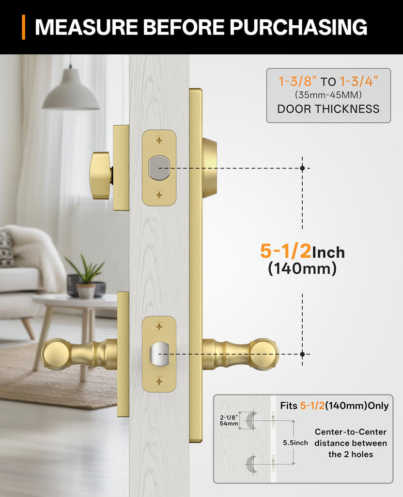 Brushed Gold Solid Heavy-Duty Front Door Handle Set with Deadbolt, Architectural Grade Modern Entry Door Lockset