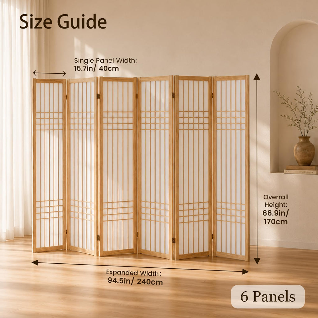 6 Panel Room Divider Folding Privacy Screen Light Brown
