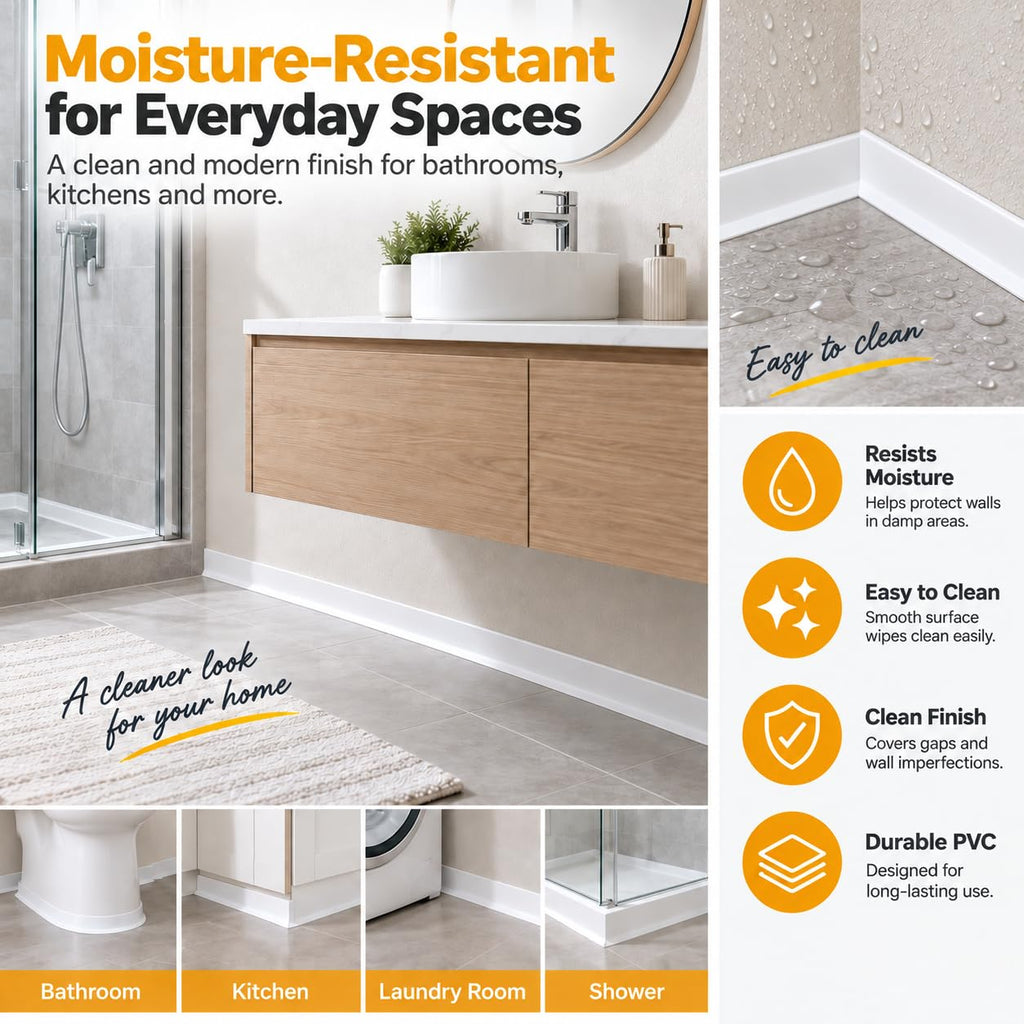Flexible Vinyl Baseboard Trim 20 Ft, Peel and Stick Wall Base