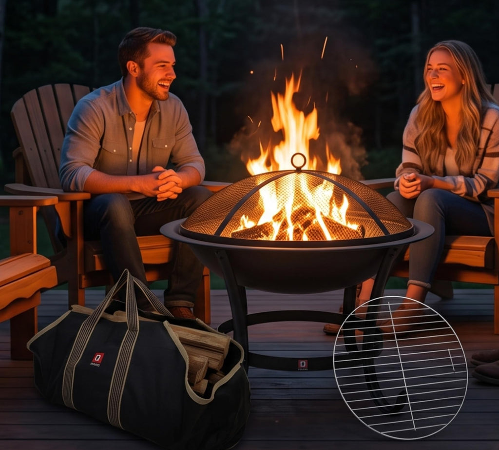22" Fire Pit with 2-in-1 BBQ Grill, Spark Screen & Tote Bag