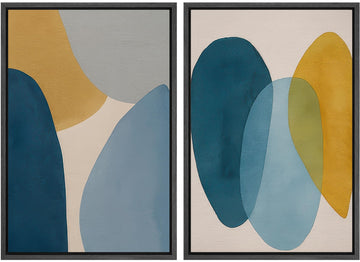 Framed Canvas Print Wall Art Set Soft Geometric Shapes in Blue and Mustard Abstract Illustrations Modern Art