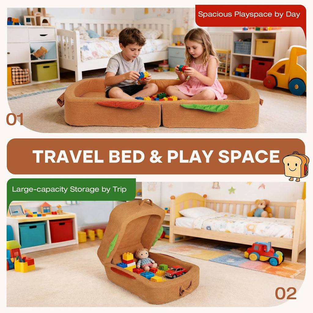 Toddler Travel Bed Sandwich Style - Portable Toddlers Floor Beds, Foldable Soft Foam Travel Crib for Baby and Kid