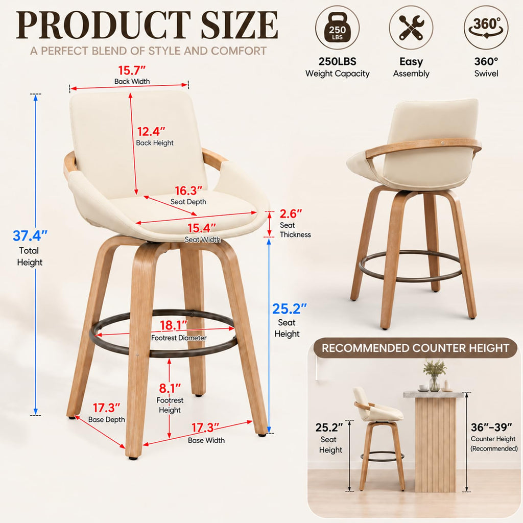 25.2" Swivel Bar Stool with Back Cream White Leather Kitchen Barstool Chair