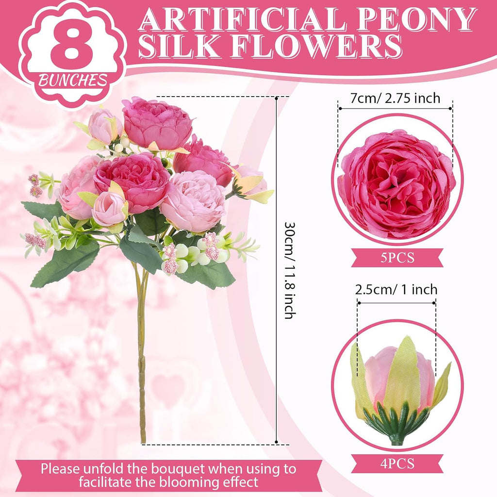 Bundles Artificial Peony Centerpiece Flowers,Pink Series - Set of 8