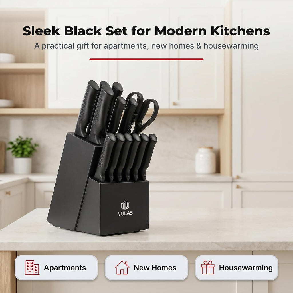 Knife Set, 15-Piece Kitchen Knife Set with Block and Built-in Sharpener, Dishwasher Safe, Non-slip Handle, 6 Steak