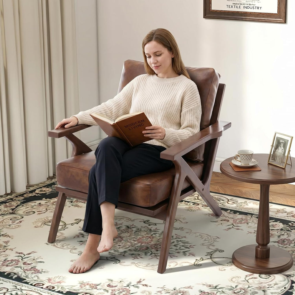 Faux Leather Accent Chair with Overstuffed Cushion, Mid-Century Modern Armchair with Solid Wood Frame, Upholstered