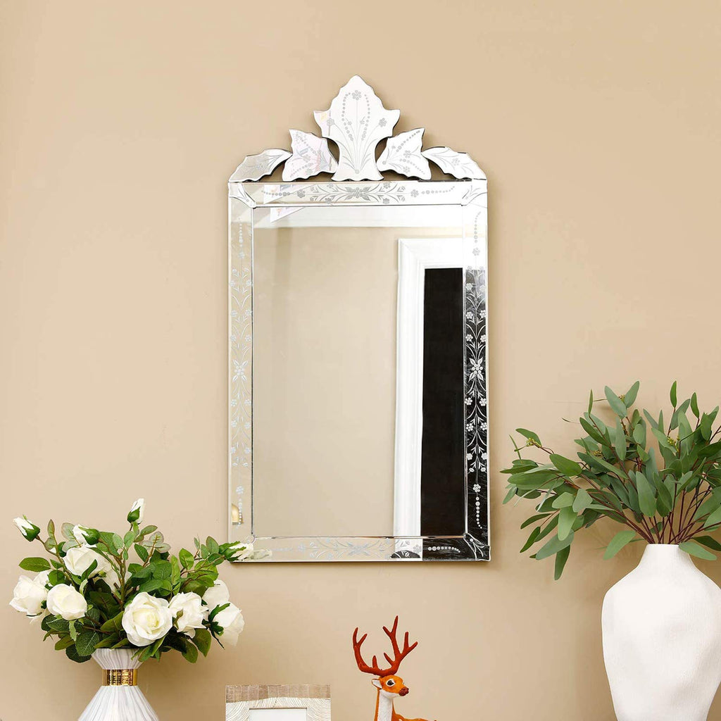 Bathroom Vanity Decorative Mirrors for Wall Decor 42" x 24" Venetian Wall Mirror with Floral Etched Design Crown Top