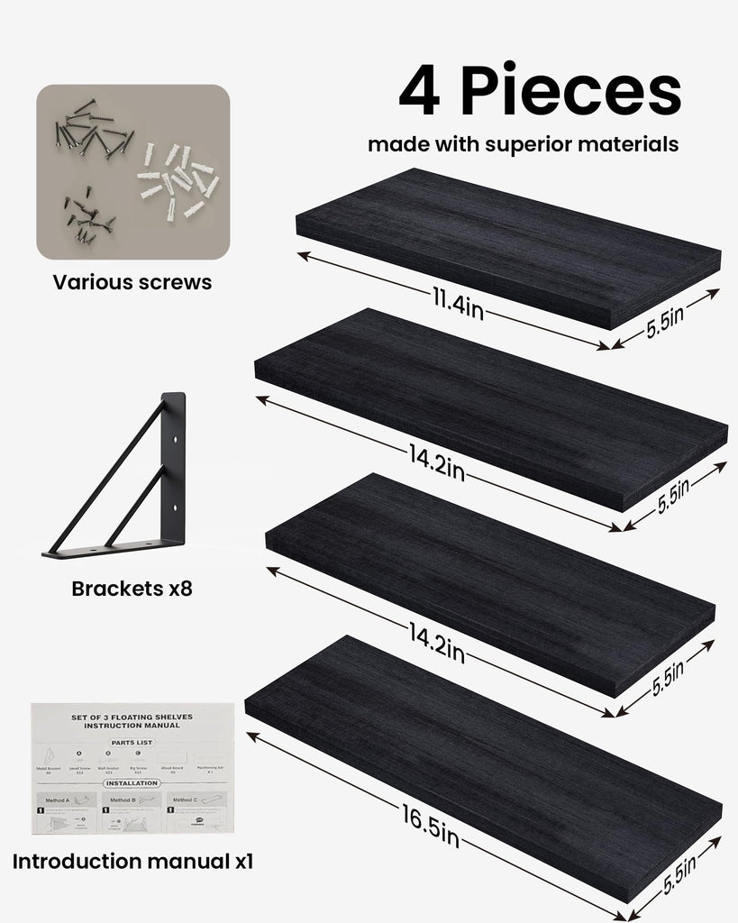 Wall Mounted Black Floating Shelves For Wall (Set of 4, 16.5" Mixed)