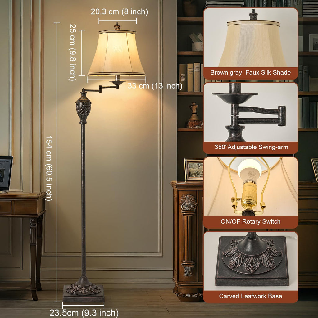 Traditional Floor Lamp with 350° Swing Arm, Including Bulb, Antique Black