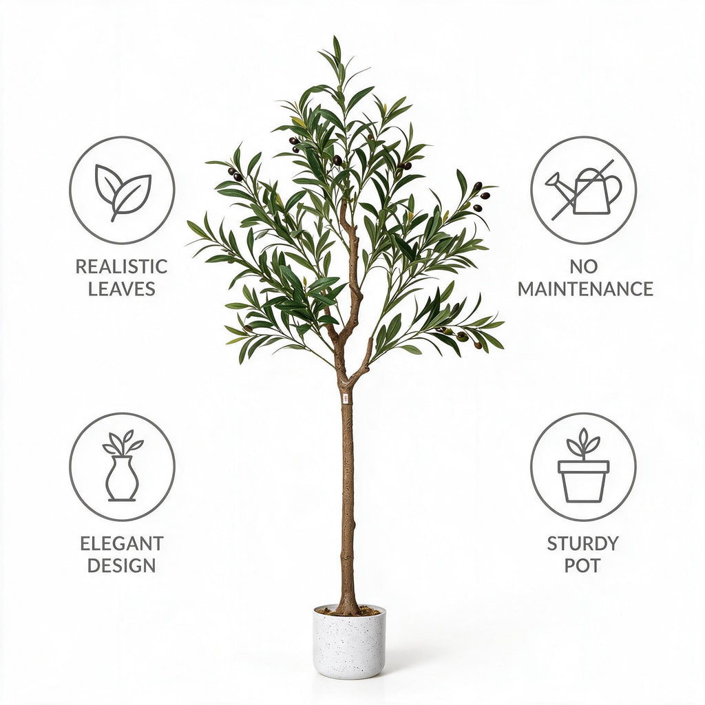4FT Faux Olive Tree, Indoor Artificial Potted Olive Tree with White Planter, Lifelike 14 Fruits and Realistic Leaves