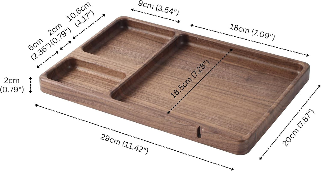 Walnut Wooden Valet Tray - Bedside Table Organizer for Men Dad, Edc Catch All Tray with Cable Slot (11.4 x 7.9 x 0.8