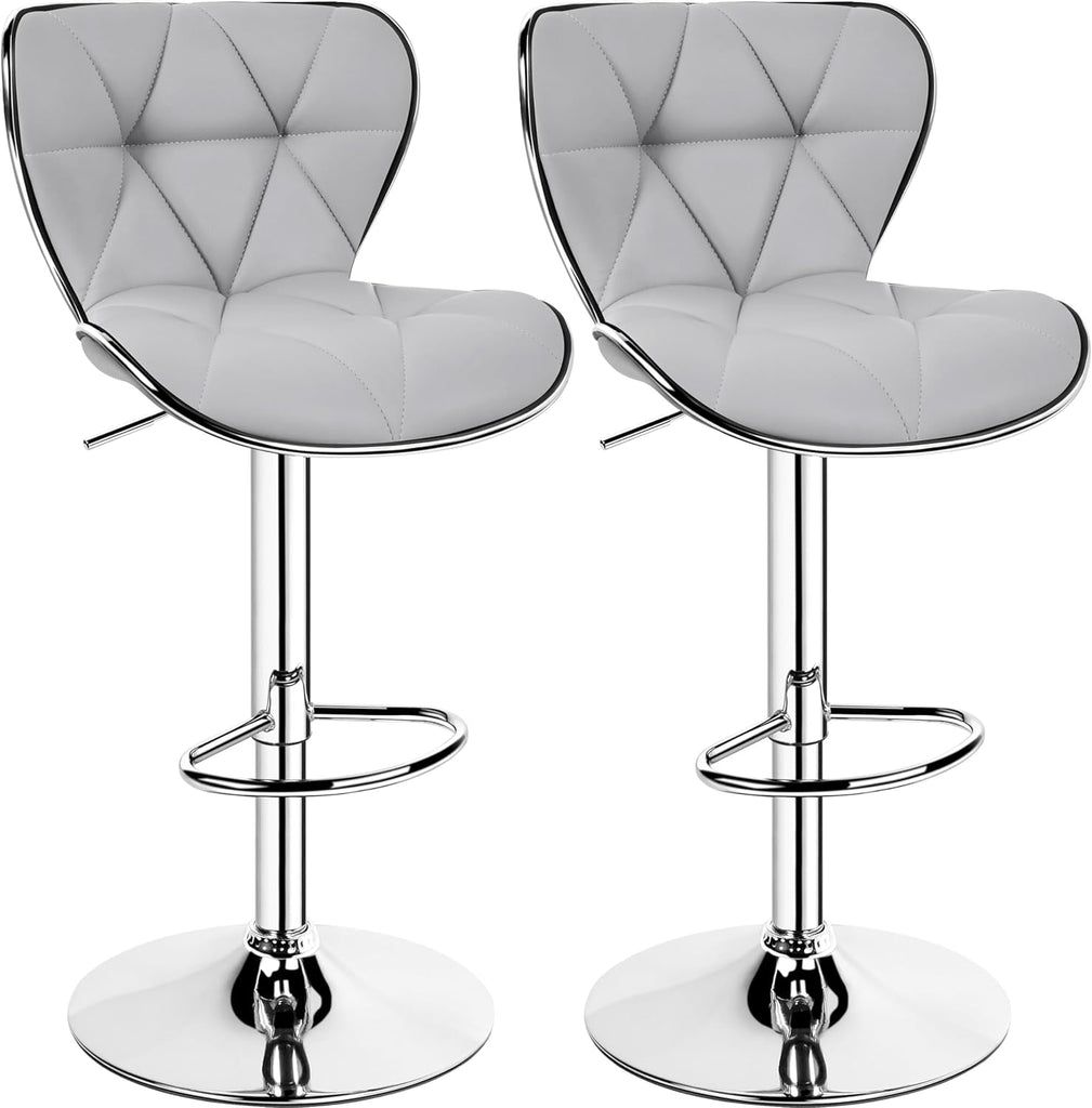 Bar Stools Set of 2, PU Leather Swivel Adjustable Barstools with Shell Back, Bar Chairs with Foma Padded, Light Grey