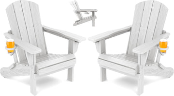 Folding Adjustable Adirondack Chairs Set of 2, Cup Holders, White | Adirondack Chair with 3 Recline Positions, All