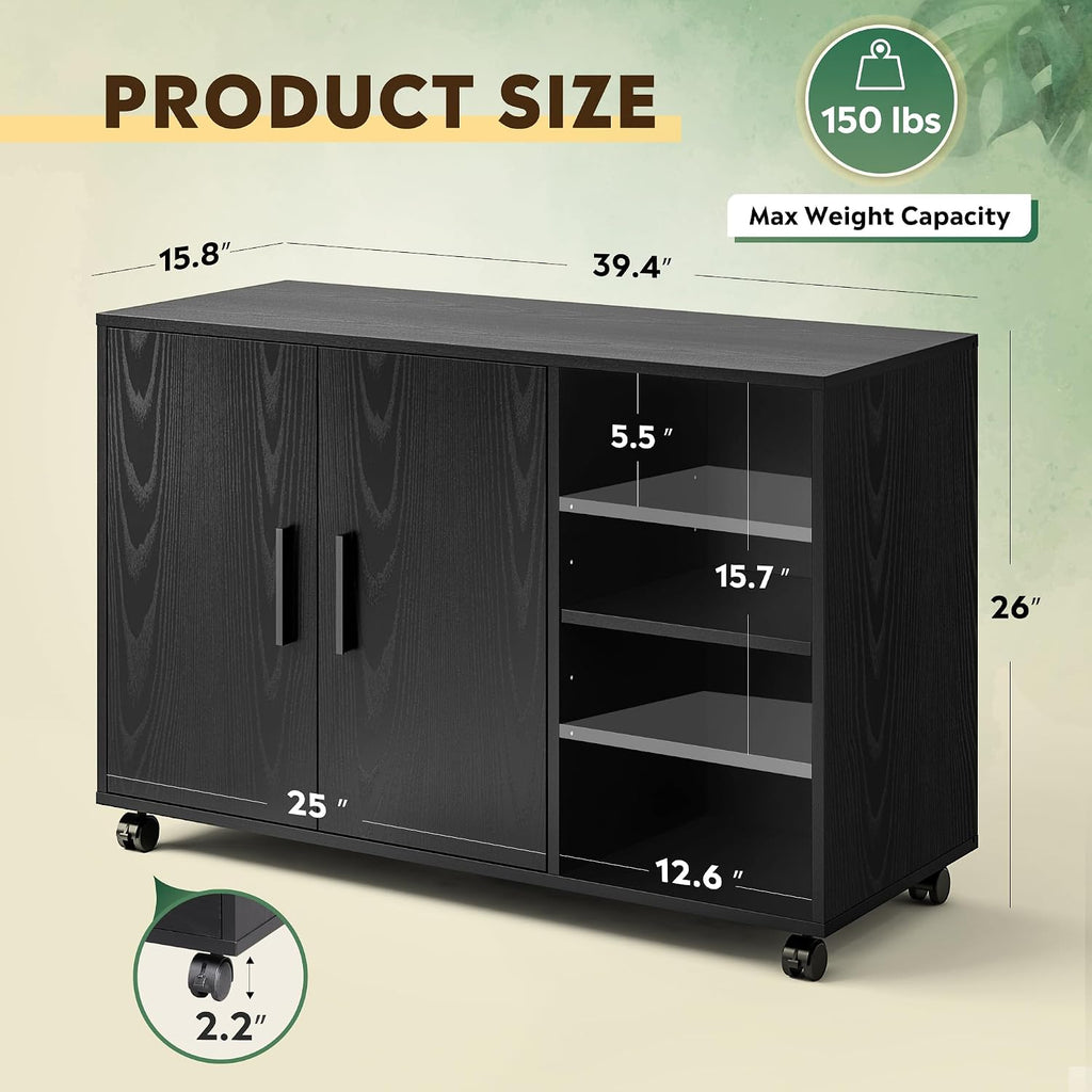Office File Cabinet, Rolling Printer Stand, Black | Lateral Storage Cabinet, Doors and Shelves, Mobile Filing