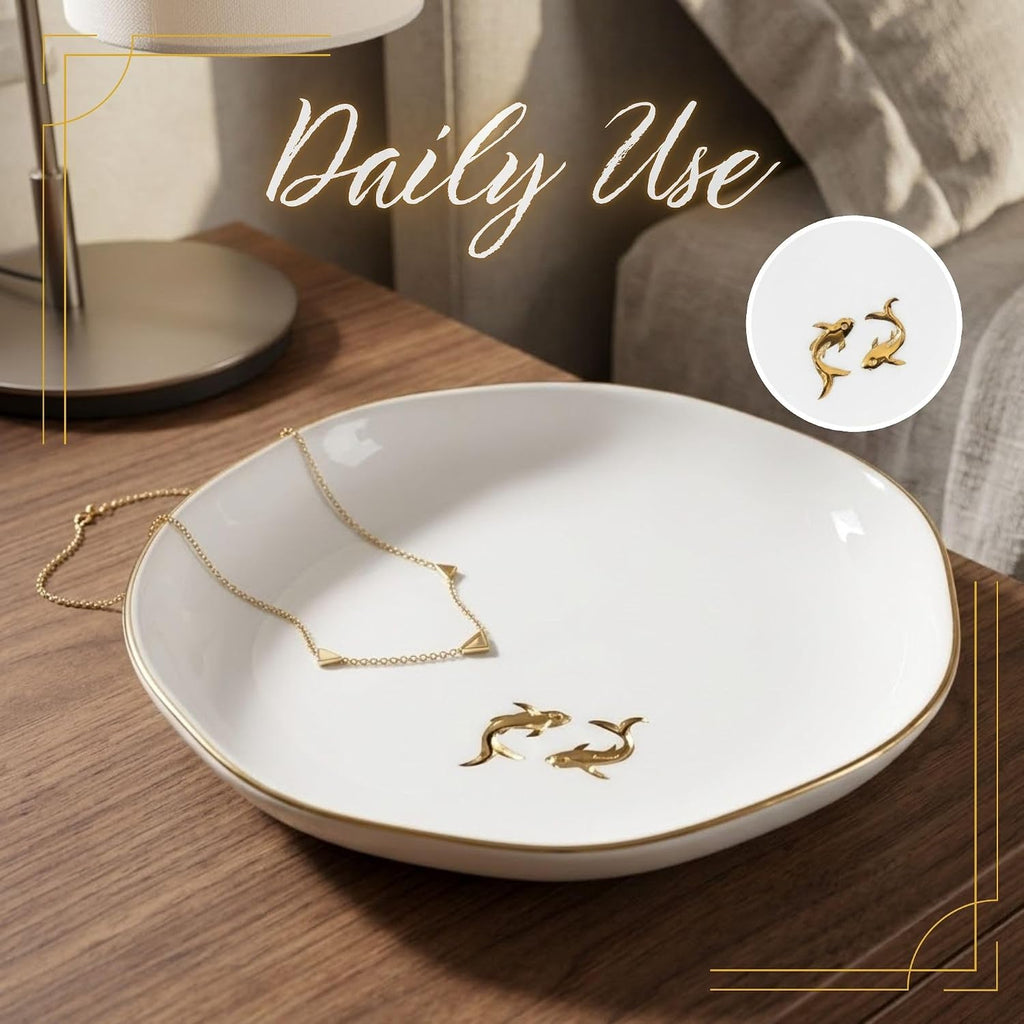 Japanese Gifts for Women, KOI Fish Gift - 4.75" Handcrafted Ceramic Ring Dish with Gold Trim, Decorative Trinket Dish