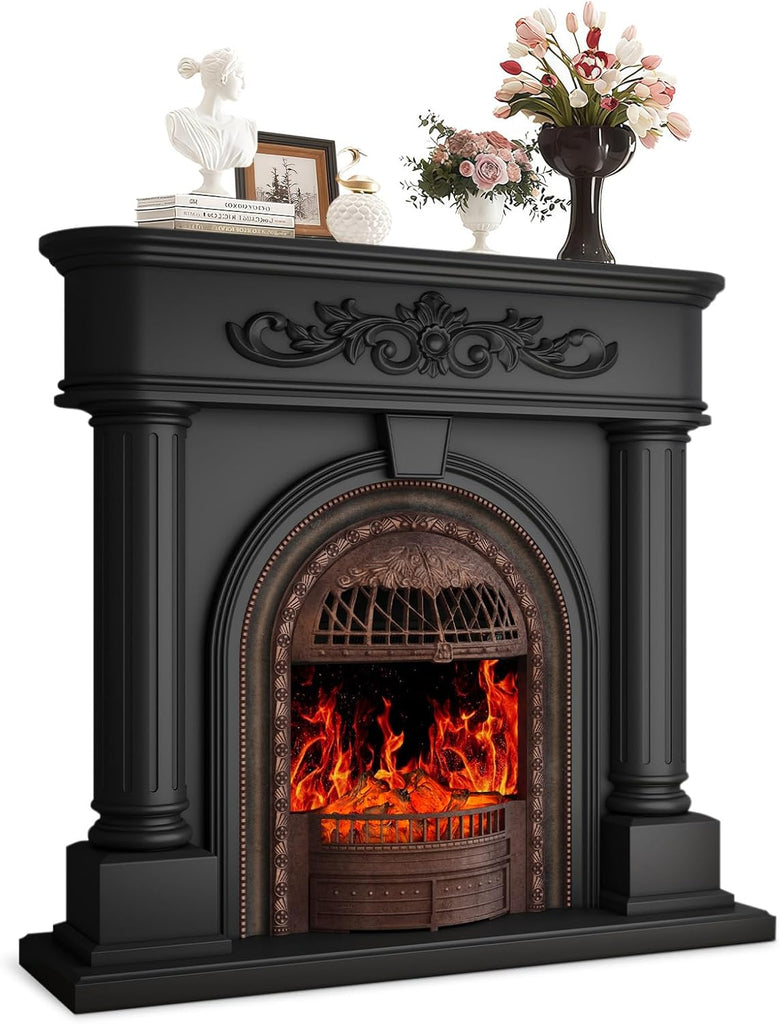 50 Inch Solid Wood Electric Fireplace with Mantel, Roman Column Fireplace TV Stand with Birdcage Heater Insert, Antique Bronze Finish