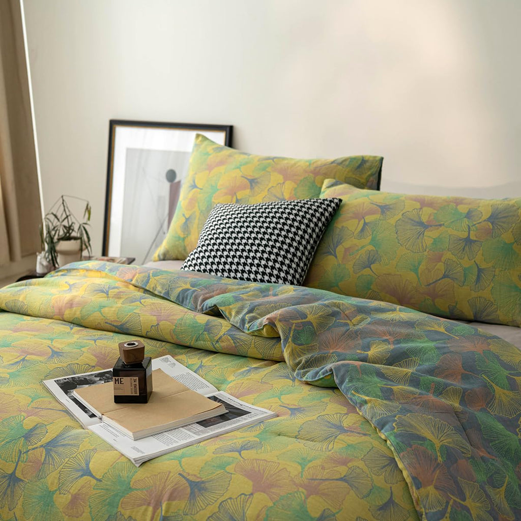100% Cotton Gauze Jacquard Comforter Set, Floral Ginkgo Leaf Print, Soft 2 Layers Reversible Lightweight 3 Piece