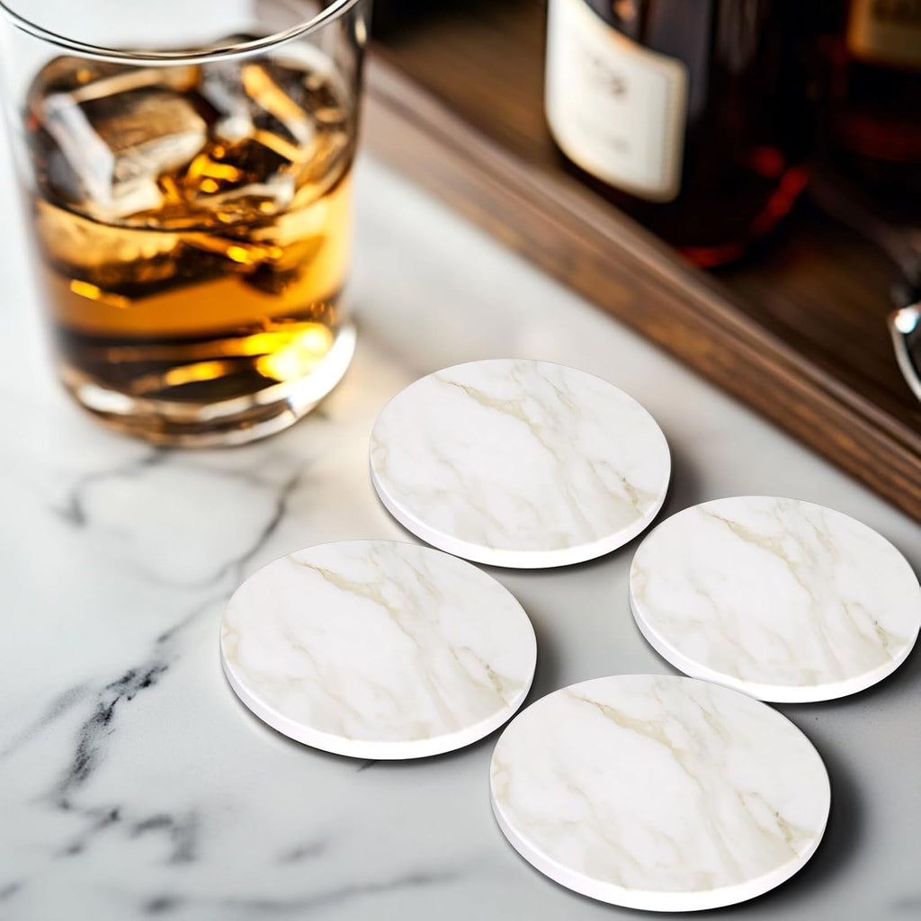 White Marble Style Ceramic Coasters with Holder Modern Coffee Table Decor Drink Coaster Gifts Absorbent - Set of 6