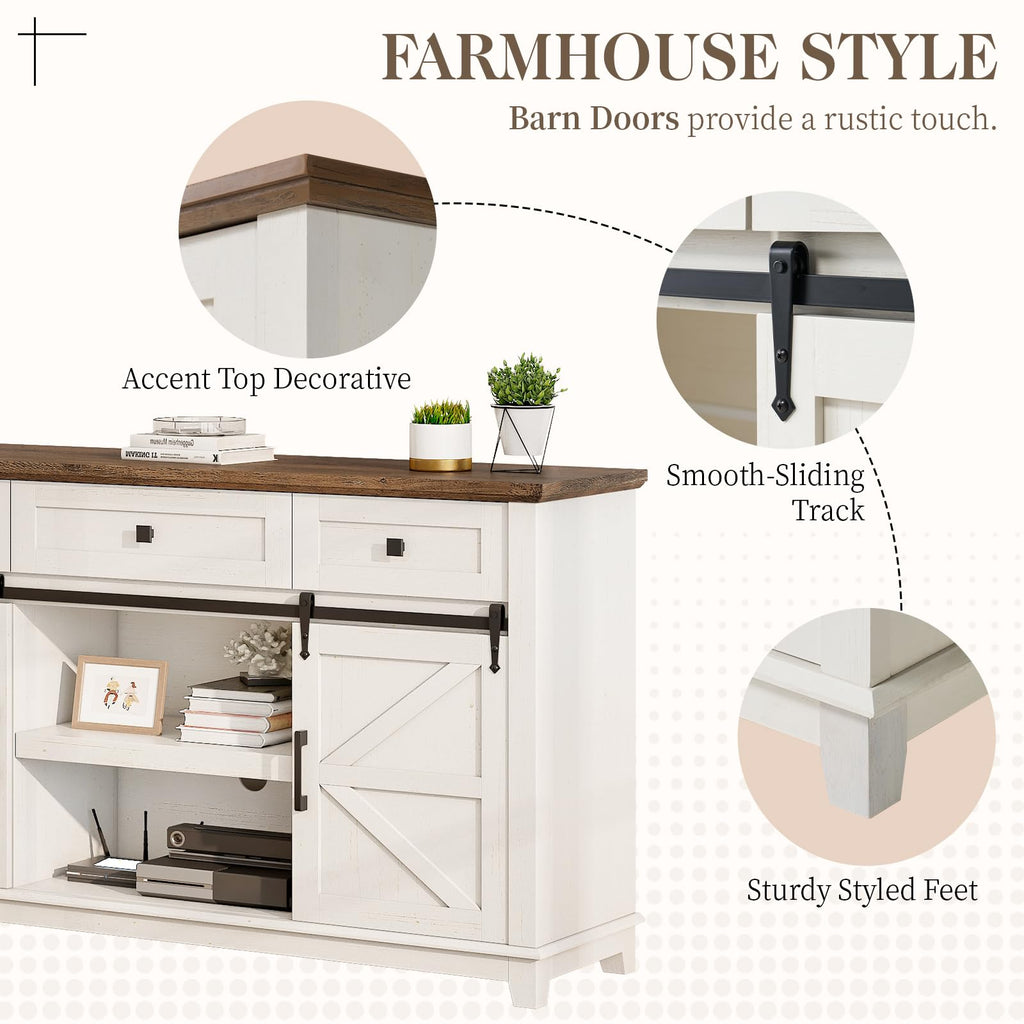 59" Farmhouse TV Stand with Storage Drawers, White & Barnwood