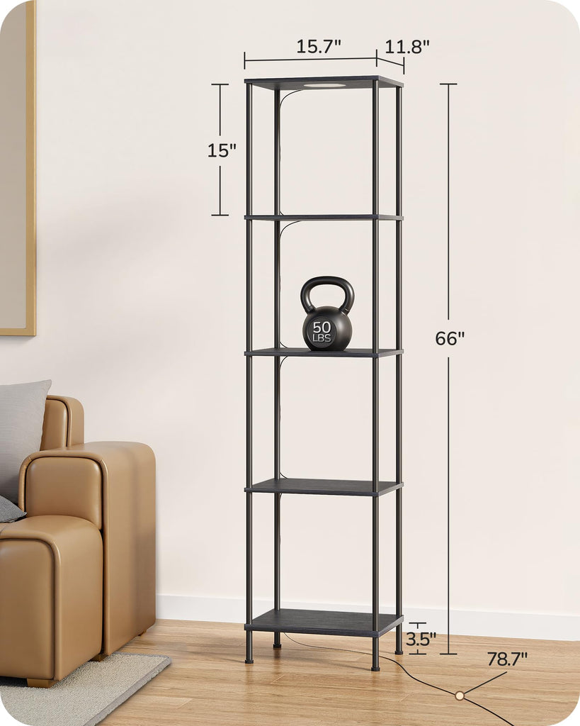 Floor Lamp with 5-Tier Display Shelf, 3 Modes Remote, Black