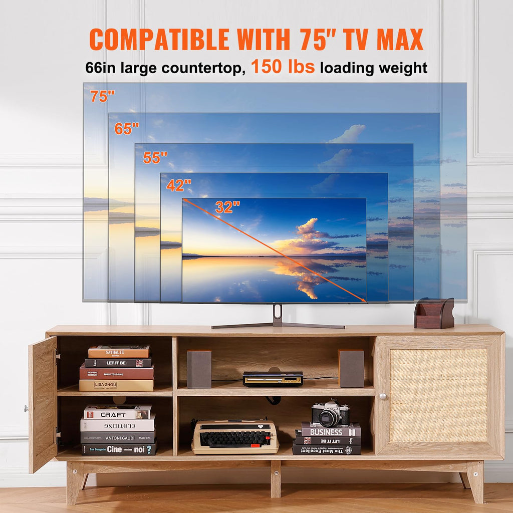 Rattan TV Stand, Mid Century Modern TV Stand for 75 inch TV, Boho Rattan TV Cabinet with Build-in Socket and USB