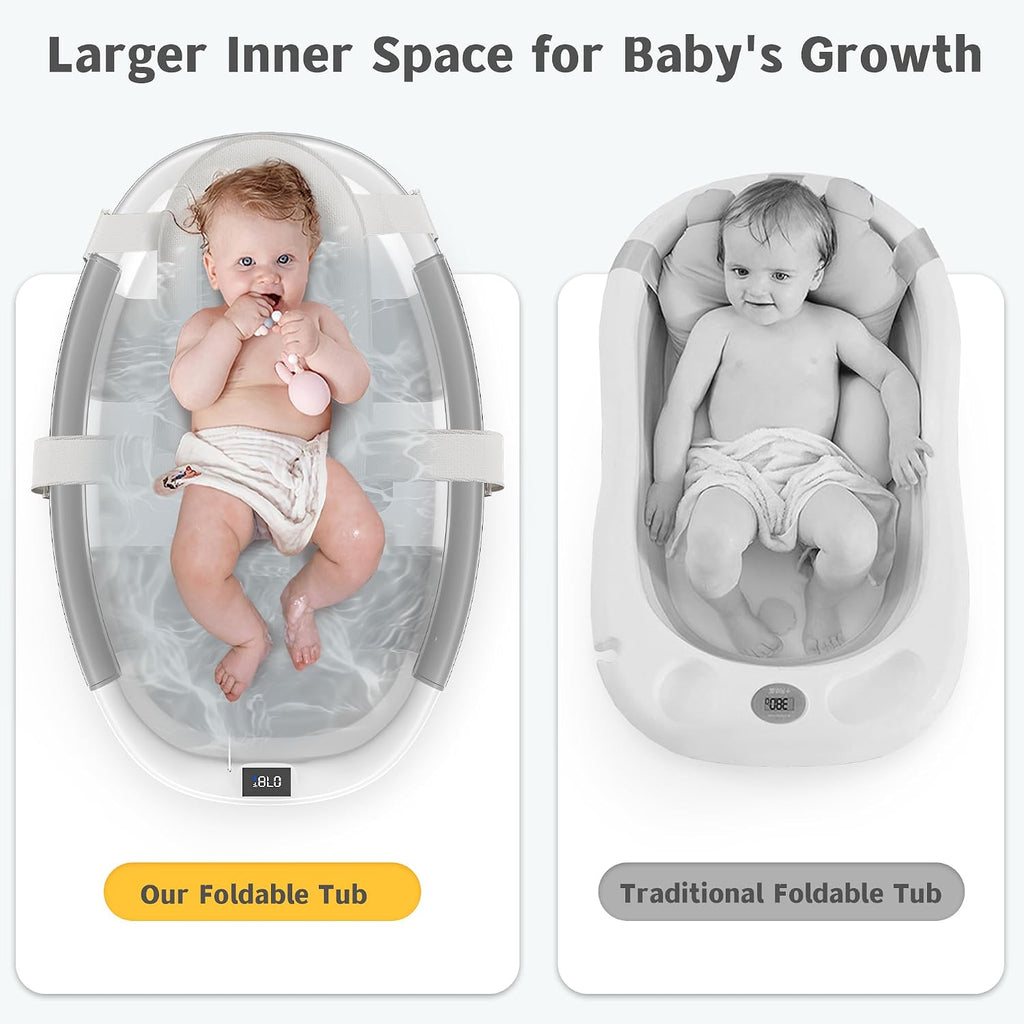 Collapsible Baby Bathtub for Newborn to Toddler 0-36 Months, Spacious Foldable Infant Bath Tub with Thermometer