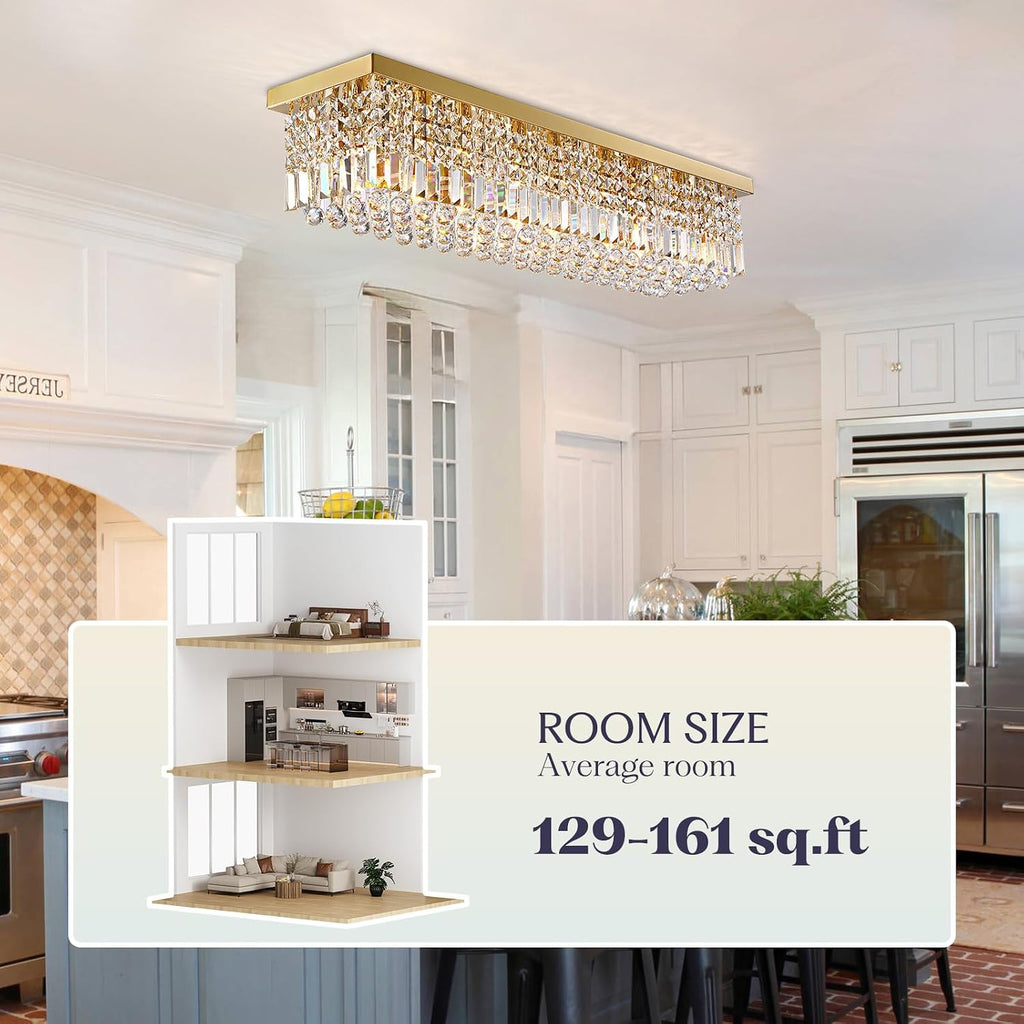 Rectangle Chandelier 8-Light Crystal Chandeliers, Modern Dining Room Light Fixture Luxury Gold Rectangular Flush