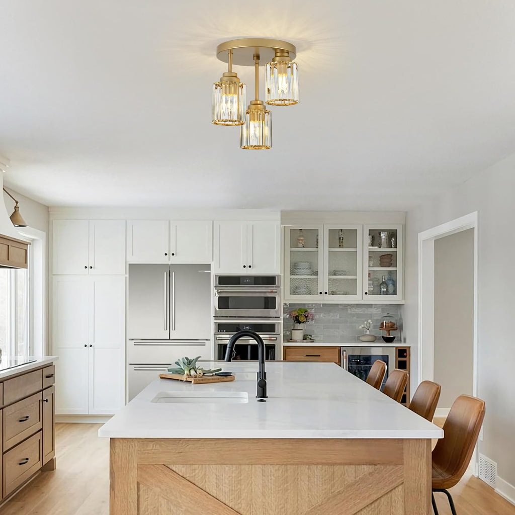 3-Light Champagne Gold Semi Flush Mount Ceiling Light, Modern Ceiling Light with Clear K9 Crystal Shade, E26 Base