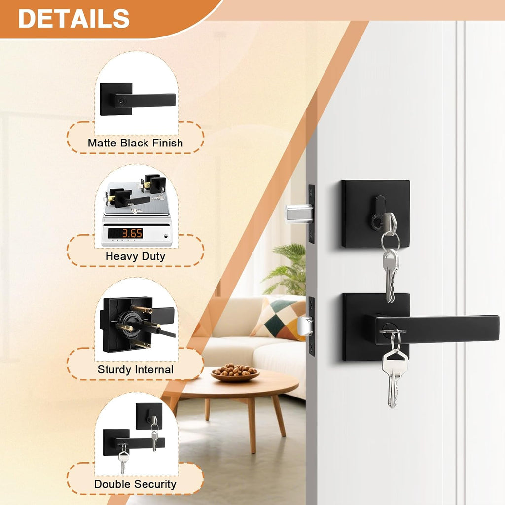 Flat Black Entry Levers Lock Sets and Single Cylinder Deadbolts Keyed Alike Combination Set - Door Lever