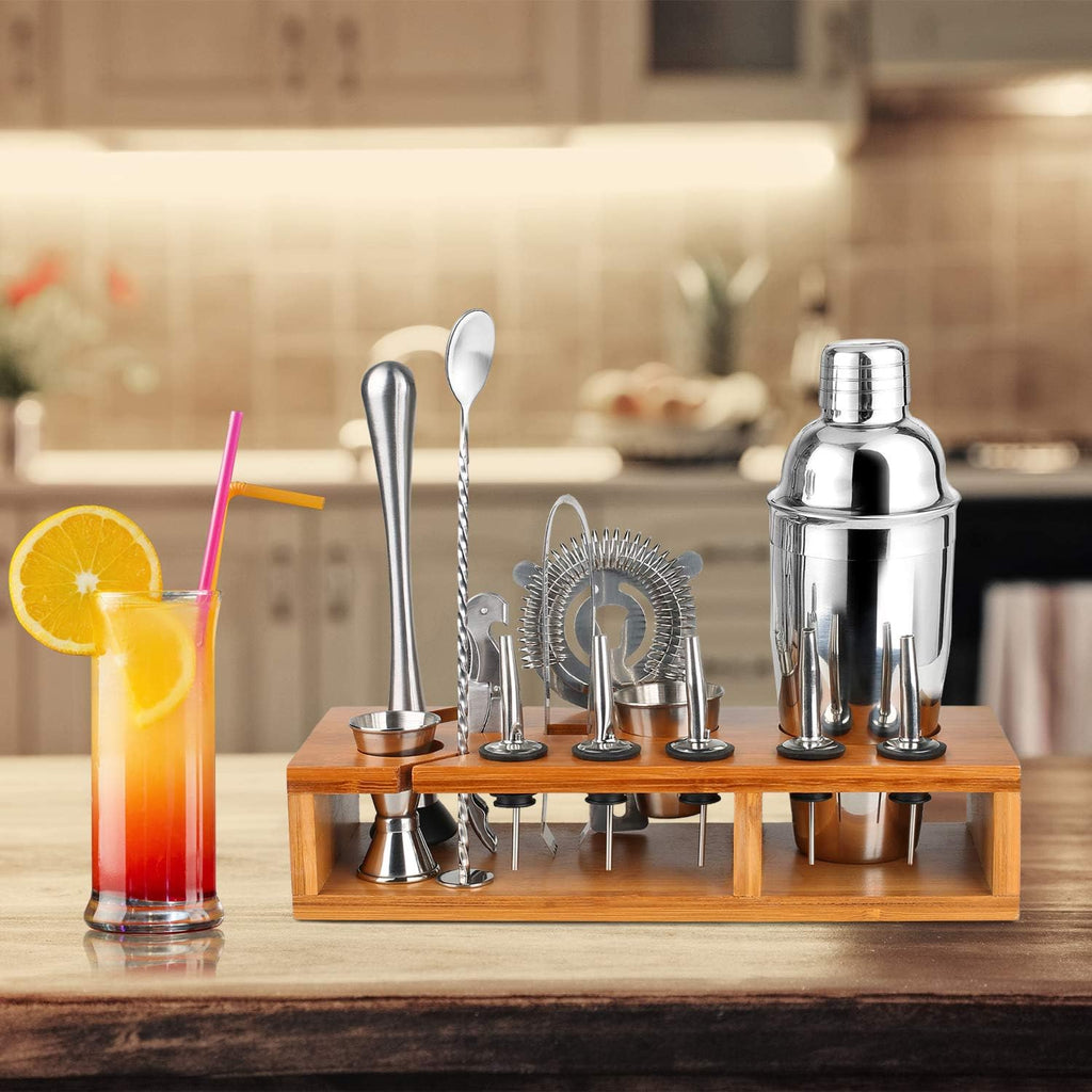 Bartender Kit, 13-Piece Home Bar Cocktail Shaker Bar Set with Stylish Bamboo Stand, Stainless Steel Bar Tool Set - Set of 13