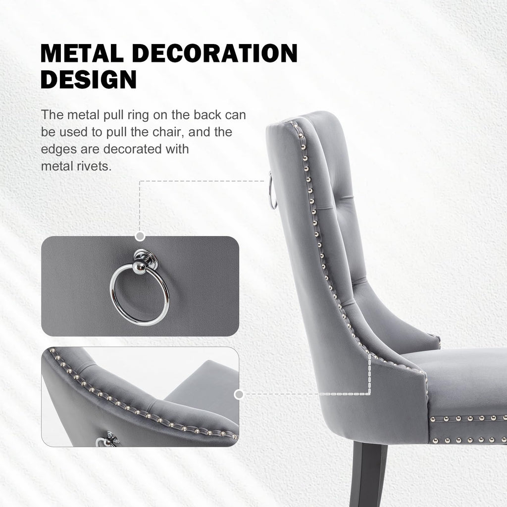 Velvet Dining Chairs Set of 2, Upholstered Dining Chairs with Ring Pull Trim and Button Back, Modern Seating (Grey)